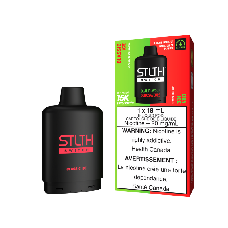 Classic Ice and Dry Ice Pod Stlth Switch 15000 Puffs Enjoy the icy blast of CLASSIC ICE, then switch to DRY ICE for a zesty mix of ginger and coolness! Battery and E-Liquid indicators, Precise Airflow Control, 15000 Puffs, 18ML E-Liquid, Dual Vertical Mesh Coil.