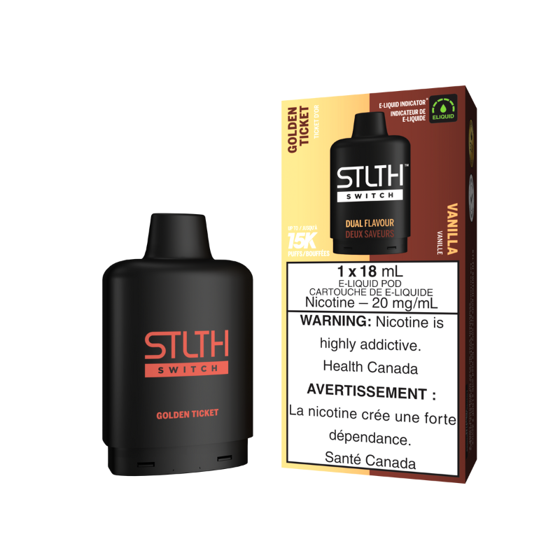 Golden Ticket and Vanilla Pod Stlth Switch 15000 Puffs. Enjoy the rich cocoa and creamy milk in Golden Ticket, then switch to the smooth, velvety Vanilla for a delicious vaping treat! Battery and E-Liquid indicators, Precise Airflow Control, 15000 Puffs, 18ML E-Liquid, Dual Vertical Mesh Coil.