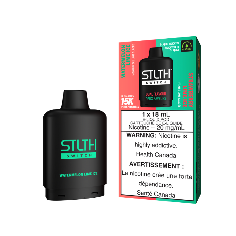 Watermelon Lime Ice and Strawberry Lime Ice Pod Stlth Switch 15000 Puffs Savor the refreshing mix of watermelon and lime, then switch to the frosty zing of strawberry and lime for a cool, tasty treat. Battery and E-Liquid indicators, Precise Airflow Control, 15000 Puffs, 18ML E-Liquid, Dual Vertical Mesh Coil.