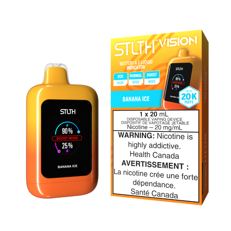 Banana Ice Stlth Vision Disposable Vape - 20,000 Puffs Escape to a frosty paradise with BANANA ICE! This creamy banana flavour meets a refreshing wave of ice, delivering a smooth and cool vape experience that’ll keep you coming back for more. Presenting the STLTH VISION Disposable Vape, a true game-changer in the world of disposables. Its sleek, compact design houses a powerful 1000mAh battery, giving you convenience and performance all in one. Stay in control with the dynamic screen that shows real-time up