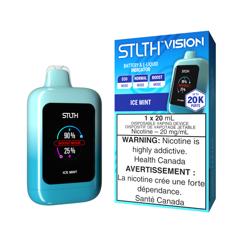 Introducing the STLTH VISION Ice Mint Disposable with a 1000mAh battery, dynamic screen, USB Type-C port, ECO Mode at 14W, Normal Mode at 18W, intense Boost Mode at 25W, 20ML, 20,000 puffs