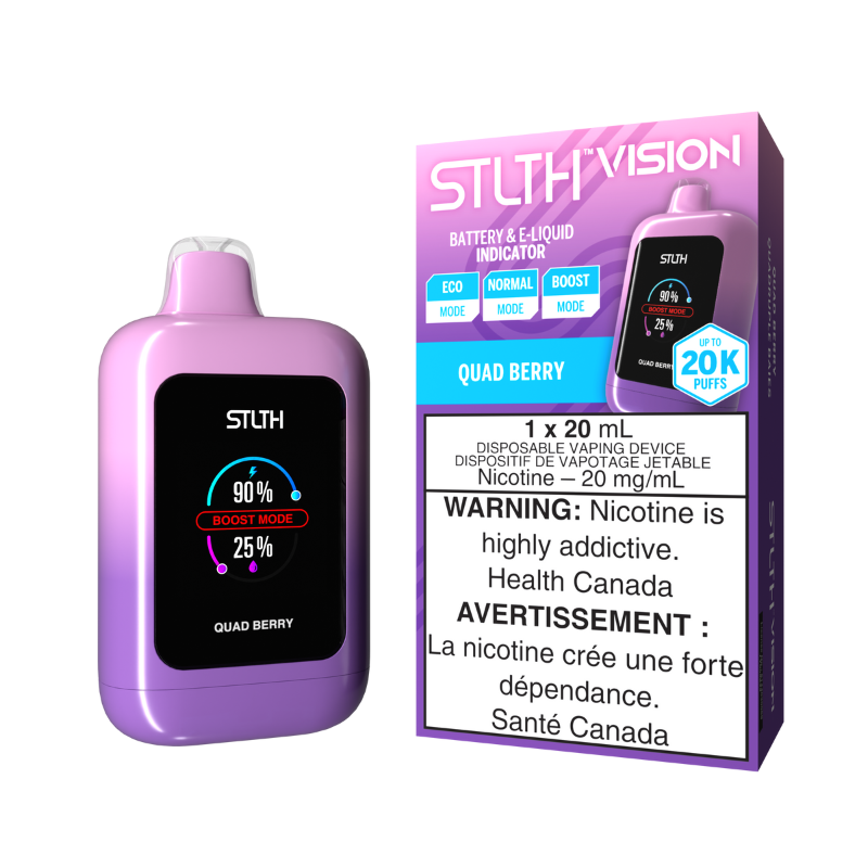 Quad Berry Stlth Vision Disposable Vape - 20,000 Puffs  with a 1000mAh battery, dynamic screen, USB Type-C port, ECO Mode at 14W, Normal Mode at 18W, intense Boost Mode at 25W, 20ML, 20,000 puffs