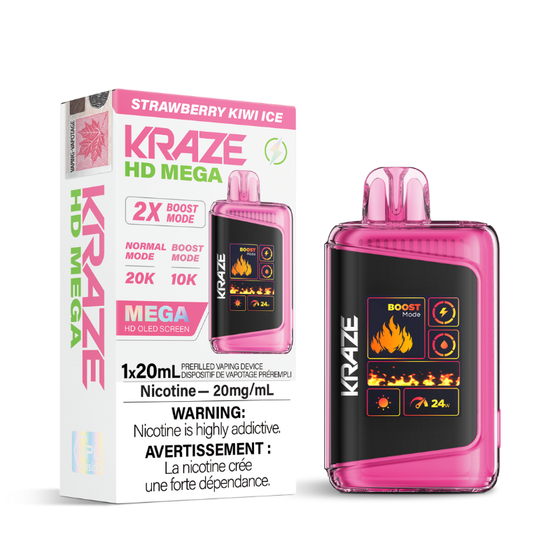 STRAWBERRY KIWI ICE KRAZE HD MEGA (20000 PUFFs) DISPOSABLE VAPE Featuring 1.77-inch OLED screen, dual-coil technology, 20mL e-liquid capacity, 20,000 puffs, Boost Mode. sameday delivery