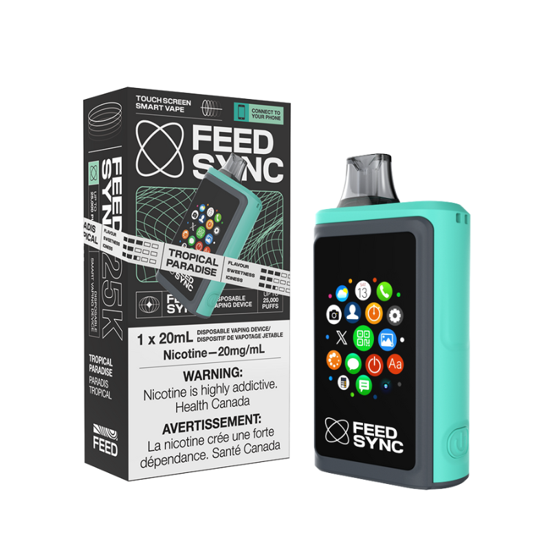 Tropical Paradise Feed Sync Disposable Vape - 25,000 Puffs Escape to a tropical paradise with a burst of vibrant, fruity flavors. Get ready to elevate your vaping game with the Feed Sync Disposable Vape—the world’s first smart disposable vape that’s packed with jaw-dropping features! This amazing device easily connects to both Android and Apple phones, giving you cool perks like SMS alerts, camera control, call functionality, social media updates, and even gaming.