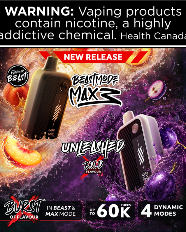 Advertisement for Beast Mode vaping device with flavor text and health warning.
