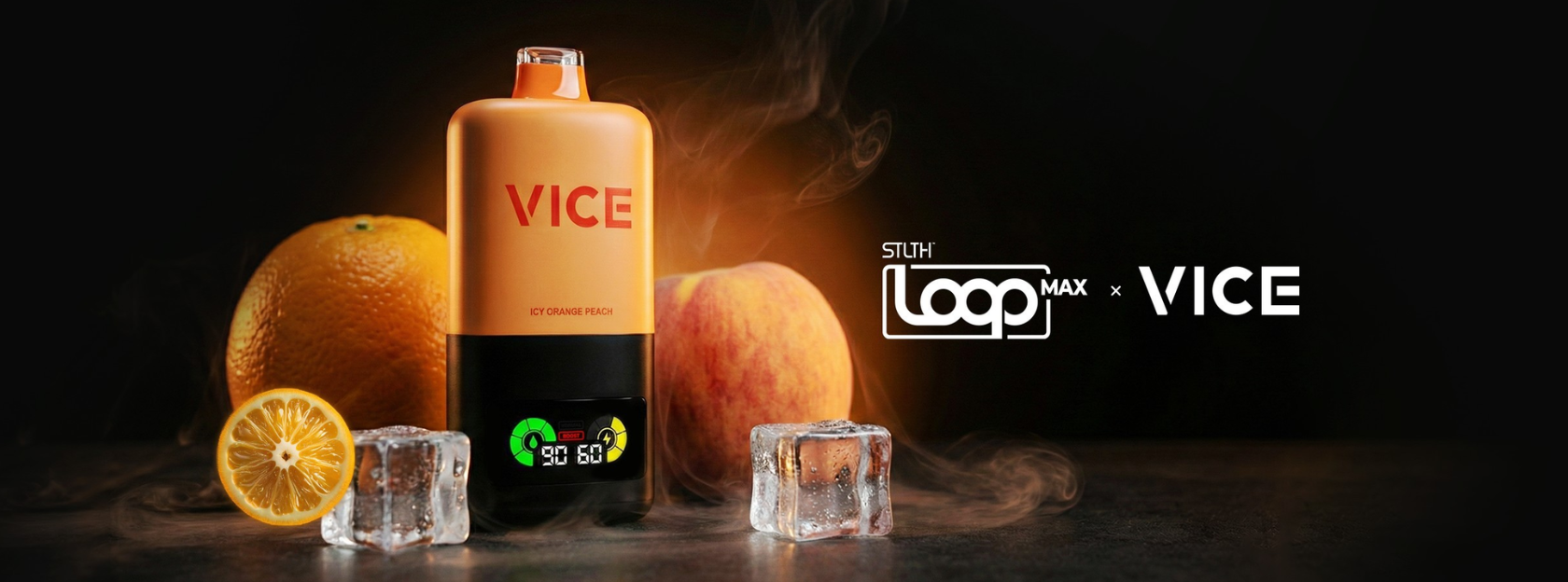Vice vape device with oranges and ice cubes on a dark background