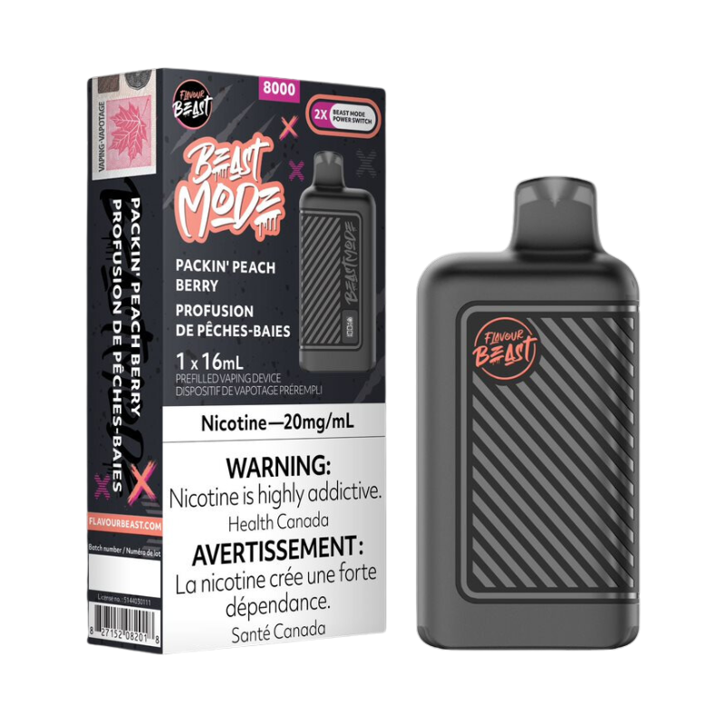 1. VAPE SHOP CARRYING BEAST MODE 8K PACKIN' PEACH BERRY DISPOSABLE VAPE AT MISTER VAPOR CANADA