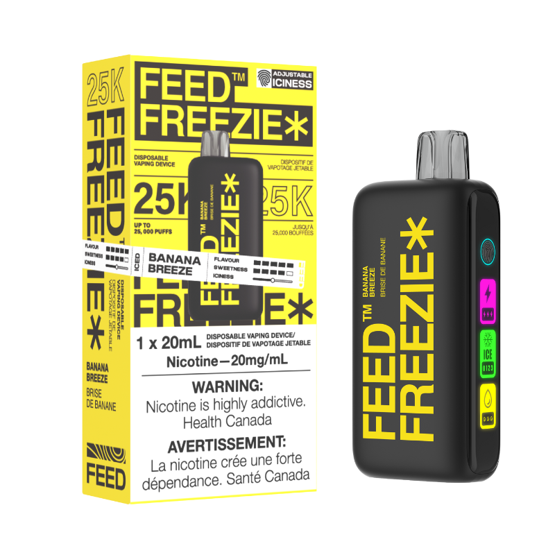 BANANA BREEZE FEED FREEZIE It blends the tropical richness of ripe bananas with the crisp, cooling effect of ice, creating a delightful contrast of flavors and sensations.