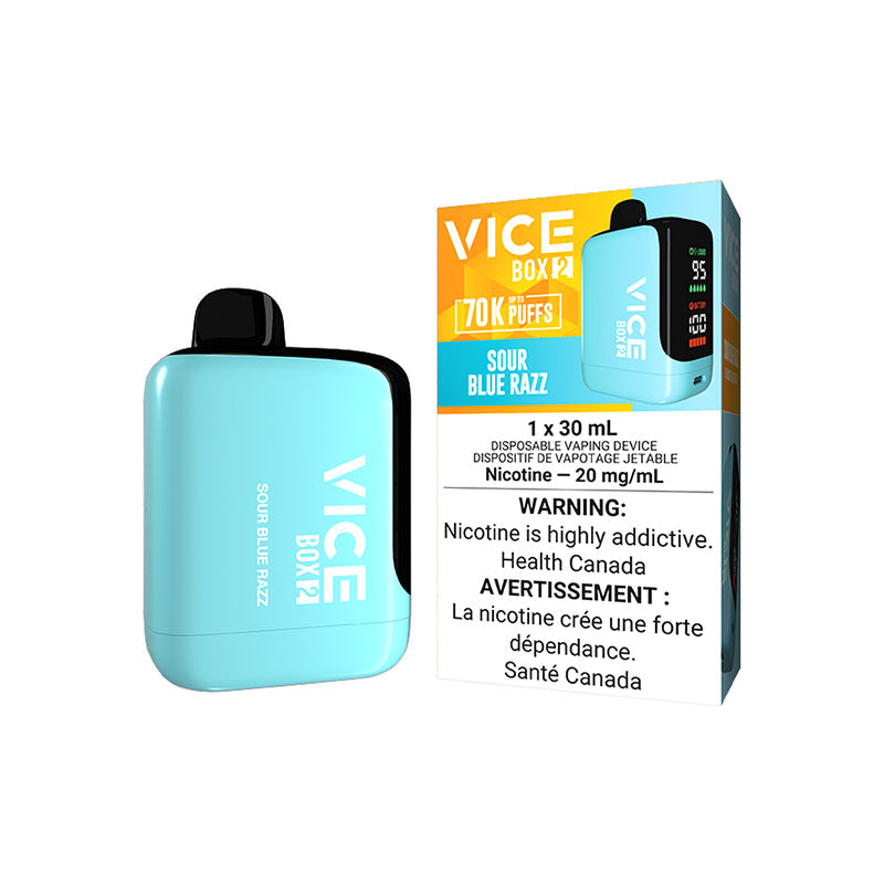 SOUR BLUE RAZZ  VICE BOX 2 70K DISPOSABLE VAPE: 70000 puffs, 30mL e-liquid capacity, Adjustable airflow and battery & E-liquid indicator. Buy now at MV