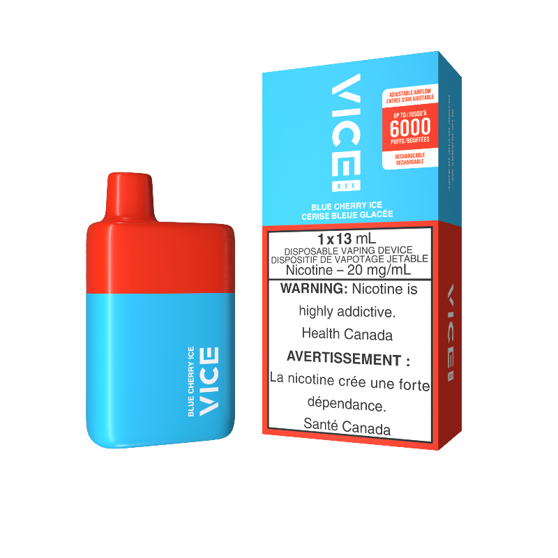 5 BUY AND GET 6TH ONE FREE!! Vape store near me selling .BLUE CHERRY ICE box (6000 puffs) rechargeable disposable. The all new Vice box 6000 puffs has arrived.; With the same great flavour as the original 