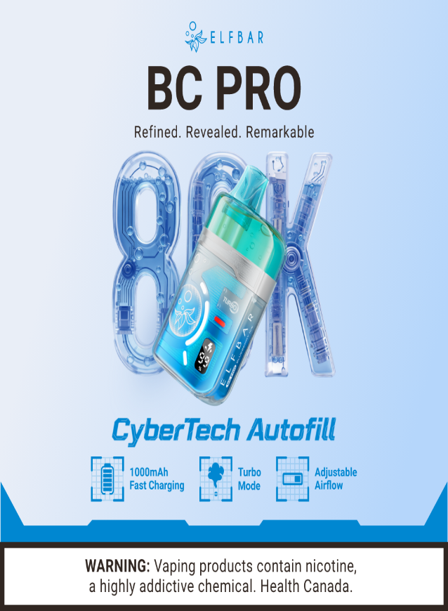 Vaping device with ELF BAR branding on a blue background