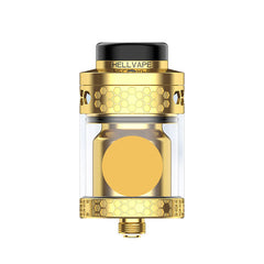 Gold and black HELLVAPE Hellfire vape tank with a clear glass body, honeycomb pattern accents, and a gold bottom threaded connector, shown on a solid white background.