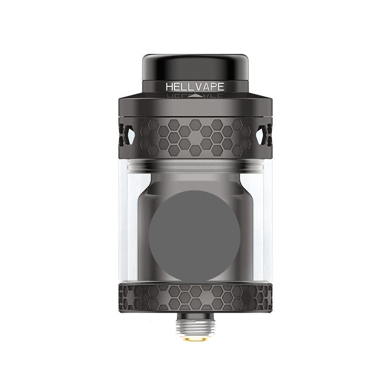 A Hell Vape Hellfire vape tank with a black top and bottom, featuring a clear glass body and a textured honeycomb pattern, shown on a solid white background.