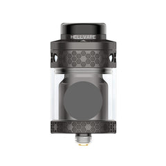 A Hell Vape Hellfire vape tank with a black top and bottom, featuring a clear glass body and a textured honeycomb pattern, shown on a solid white background.