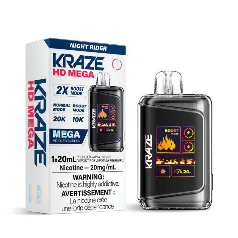 NIGHT RIDER KRAZE HD MEGA (20000 PUFFs) DISPOSABLE VAPE Embark on a flavour-packed journey with the fruity fusion of strawberry, raspberry, and watermelon in a delightful journey.