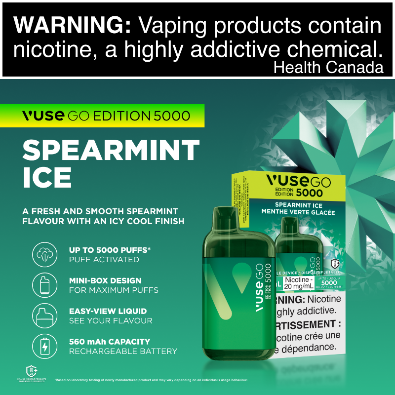 1. BEST VAPE STORE VUSE GO EDITION 5000 SPEARMINT ICE DISPOSABLE AT MISTER VAPOR (MR.VAPOR) CANADA